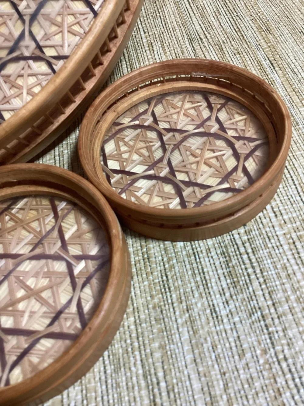 Woven Rattan Serving Tray Set Star of David Pattern Matching Coasters